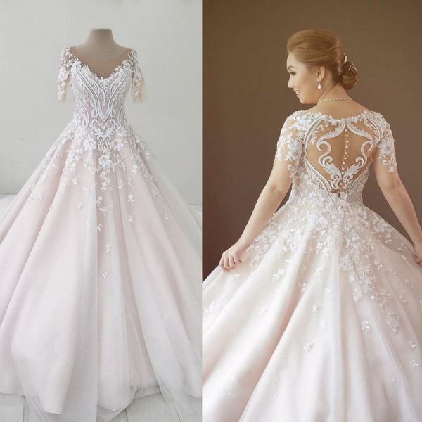 

luxury light pink tulle wedding dresses 3d-floral appliques short sleeve court train lace bridal gowns beads plus size wedding dress, White