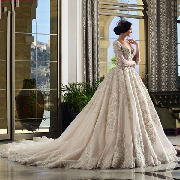 

vestido de noiva винтаж кристалл блестками a-line свадебные платья 2019 sexy v спинки собор поезд кружева с длинным рукавом мусульманский, White