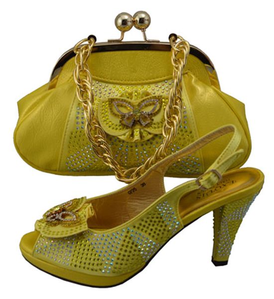 

most fashon african ladies pump shoes matching bag set with rhinestone for dress gf25 yellow,heel 10cm