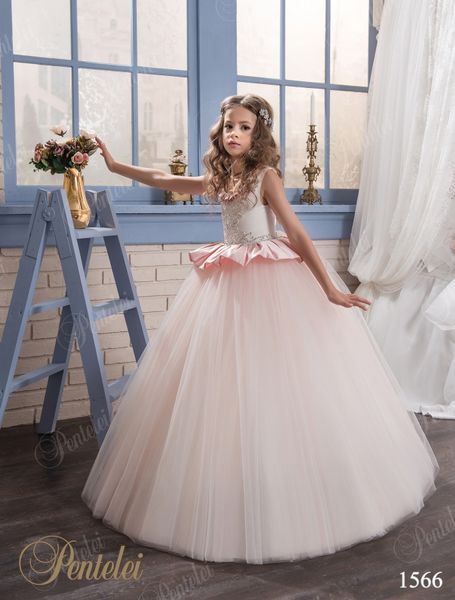 Cinderella Princess Girls Kleider mit Peplum 2021 Pentelei Kristalle Applikationen Erröten Tüll Bodenlangen Blume Mädchen Kleider für Hochzeiten