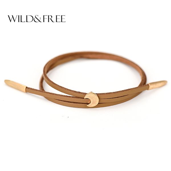 Großhandel - Frauen neue Doppelschicht PU-Leder Armbänder Vintage getragen Gold Zinklegierung Mond Anhänger verstellbare Charme Armreifen Schmuck weiblich