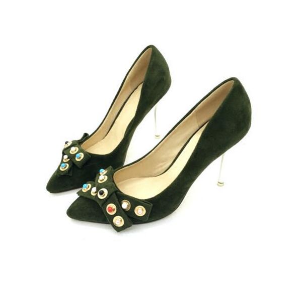 

2019 spring new office lady faves rivets bowtie single bride shoes women pumps pointed toe high heels pearls customized size, Black