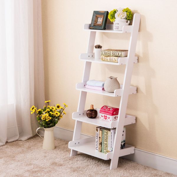 5 Tier Leaning Ladder Wall Shelf Bookcase Storage Bookshelf Wood