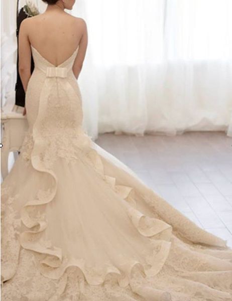 

элегантный дизайн русалка свадебные платья без спинки без бретелек кружева тюль с скользящим шлейфом 2019 романтические свадебные платья на, White
