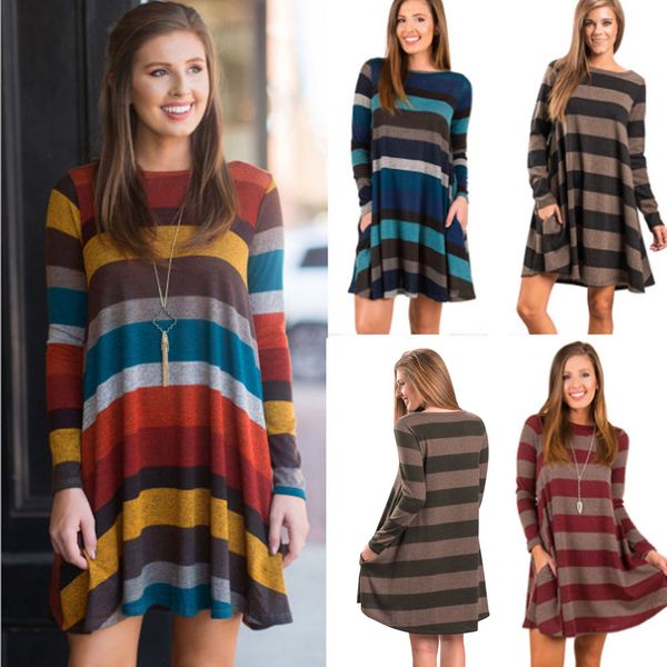 

10pcs Ladies Fashion Autumn Loose Striped Print A-Line Short Dress Womens Long Sleeved Fall Dresses