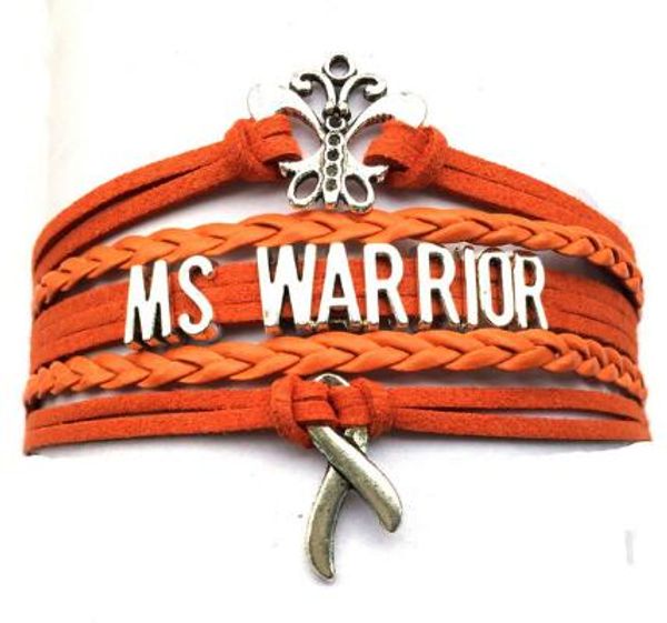 

10pcs/lot diy handmade jewelry drop shipping multiple sclerosis butterfly cancer bracelet orange awareness leather braid gif, Golden;silver