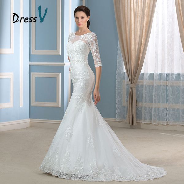 

2019 New Style Half Sleeves Lace Wedding Dress Bridal Gowns Sexy Beaded Pearls Scoop Neck Court Train Mermaid Wedding Dress