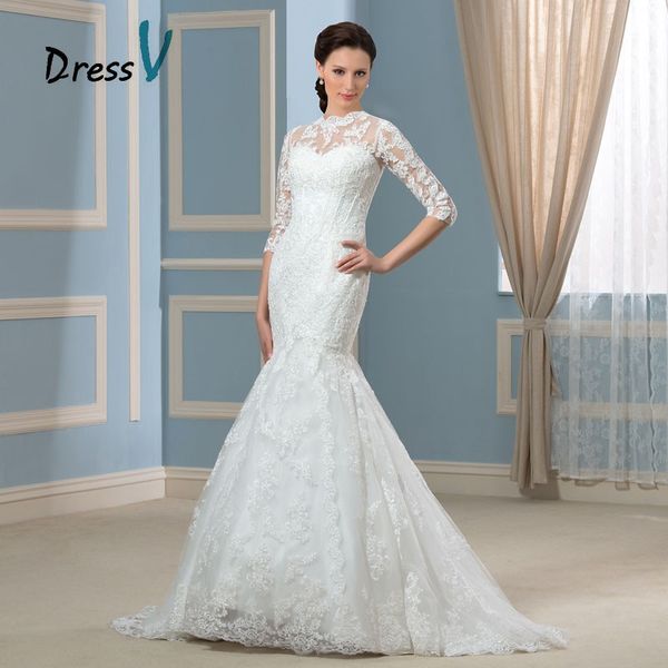

2018 Chic Exposure Lace Crochet Jewel Zipper-up 3/4 Length Sleeves Mermaid Sweep Train Wedding Dress Lace Vestido De Noiva free shipping