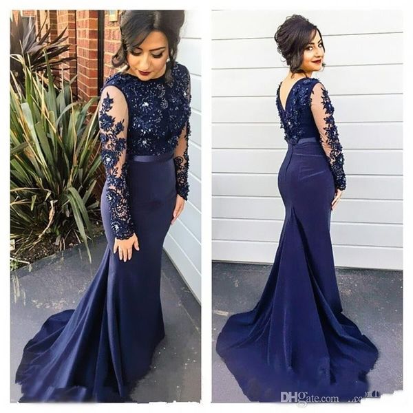 

vestidos 2016 sheer high neck lace mermaid evening dresses navy blue illusion long sleeves prom dresses appliqued sweep train party gowns, Black;red