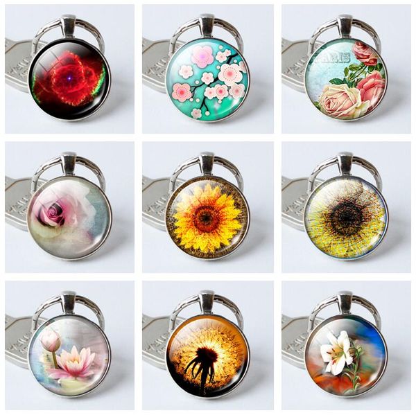 

brand new flowers and grass series time gemstone key ring pendant jewelry kr391 keychains mix order 20 pieces a lot, Slivery;golden