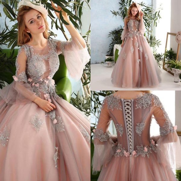 Palácio do vintage Princesa Rosa Vestidos de Baile Rendas Applique Flores Artesanais Ilusão Manga Longa Vestidos de Noite Lace Up Voltar Pageant Partido Dres