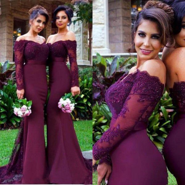 Elegante longa dama de honra vestido fora da uva de ombro roxo marrom dama de vestidos de honra para festa de casamento de laço frisado apliques de renda