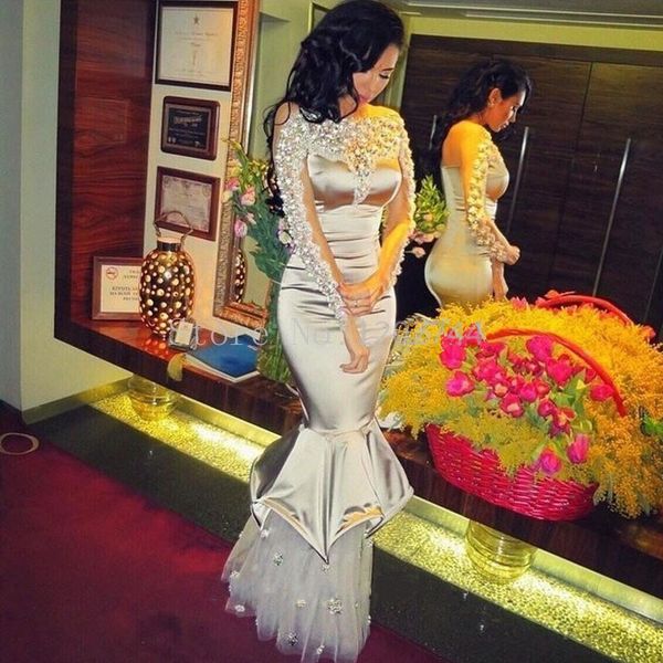 

silver crystal beaded mermaid evening dresses long sleeve tulle applique lace satin arabic dubai formal prom party gowns vestidos de festa, Black;red