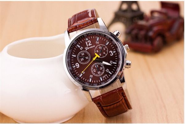 

new arrive dress fashion casual watch men geneva roman numerals genuine leather with black blue brown, Slivery;brown