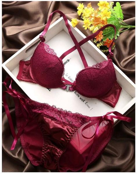 

wholesale-intimates pink red black front closure half cup underwear brief sets y-line-straps floral embroidery women bra sets