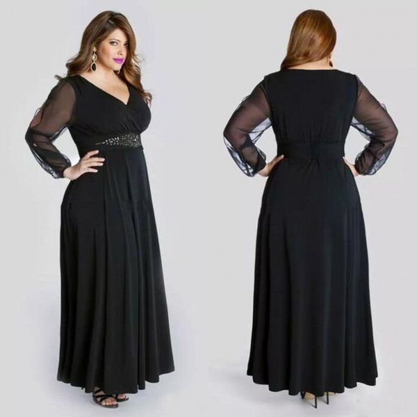 

black chiffon plus size prom dresses long with illusion sleeves 2019 v neck beaded sash ankle length formal dresses custom made en9218