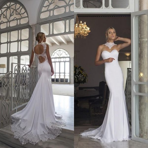 Sexy 2019 Riki Dalal Dalal Vestidos De Casamento Sereia Aberto De Volta Gola alta Ilusão de Renda Apliques Apliques e Flare Beach Vestidos Bridais Feito Personalizado