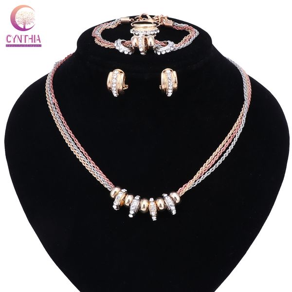 

wedding gold color 3 color necklace fine crystal jewelry sets party women bridal ring bracelet earrings accessories, Black