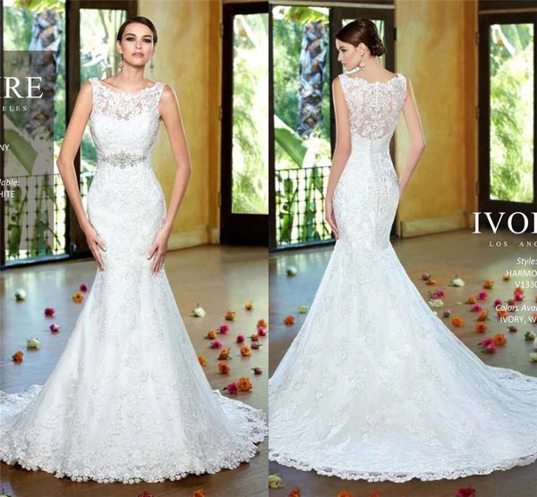 

jewel neck appliques beaded sash elegant spring summer bridal gowns see through back sheer full lace mermaid wedding dresses, White
