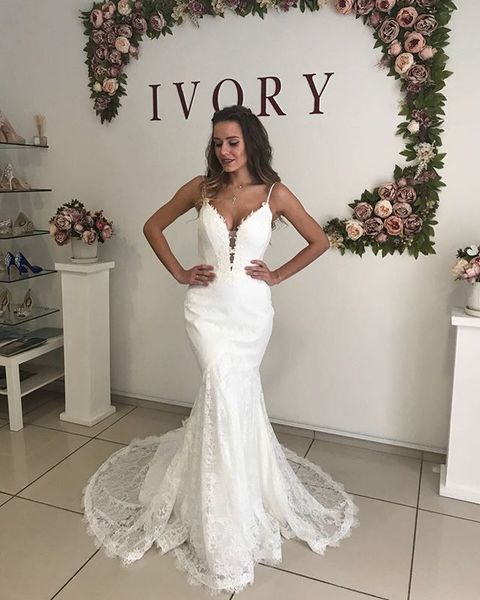

spaghetti straps lace wedding dresses for bridal sweetheart mermaid wedding gowns backless summer beach bride dresses vestidos de casamento, White