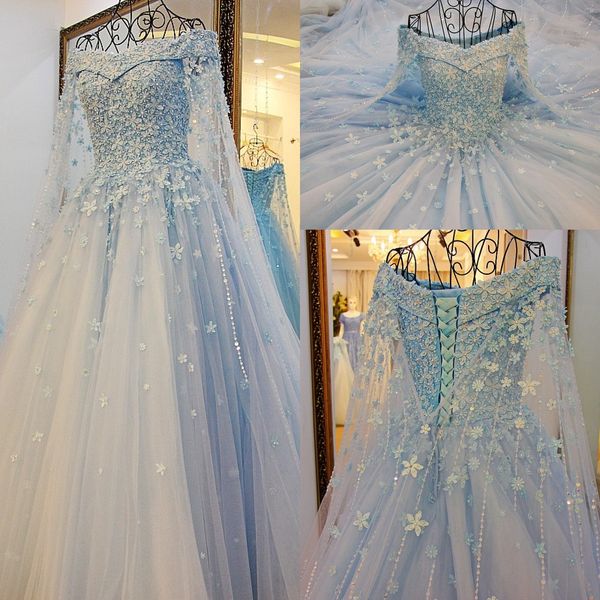 

amazing sky blue handmade flowers wedding dresses 2017 pearls beaded off shoulder tulle bridal gowns a line wedding dresses, White