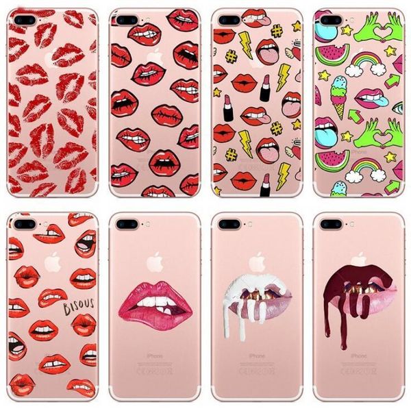 

Hot Ultra thin Clear Lipstick Red Lips Soft TPU Phone Case Cover For iPhone X 5s 6s 7 8 plus