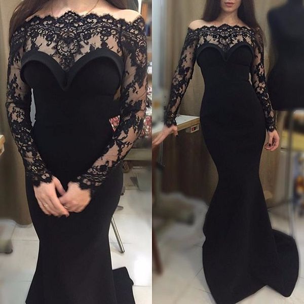 

2017 Off-The-Shoulder Mermaid Long Sleeve Party Dresses Appliques Black Lace Prom Dresses free shipping