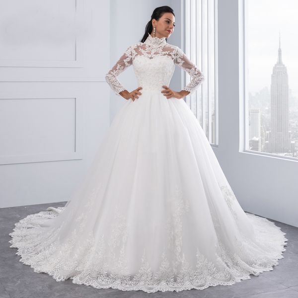 

vestido de noiva high neck iiiusion back long sleeve wedding dress lace ball gown wedding gowns robe de mariage, White