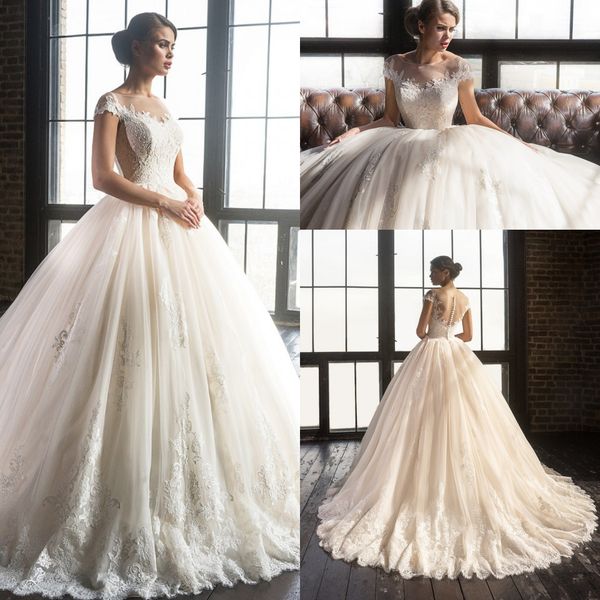 

2017 sheer scoop neck lace appliques tulle wedding dresses 2016 ball gown cap sleeves sweep train bridal dresses, White