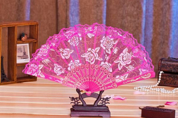 Spanish Style Rose Flower Design Plastic Frame Lace Silk Hand Fan