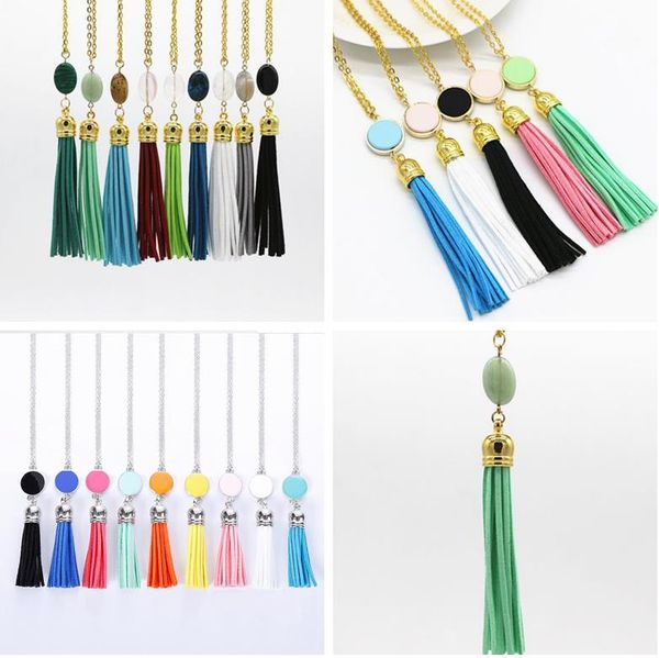 

boho бархат длинные кисточкой ожерелье 2016 летний стиль кожа кисточкой натуральный камень ожерелье для женщин свитер цепи ювелирные изделия, Silver