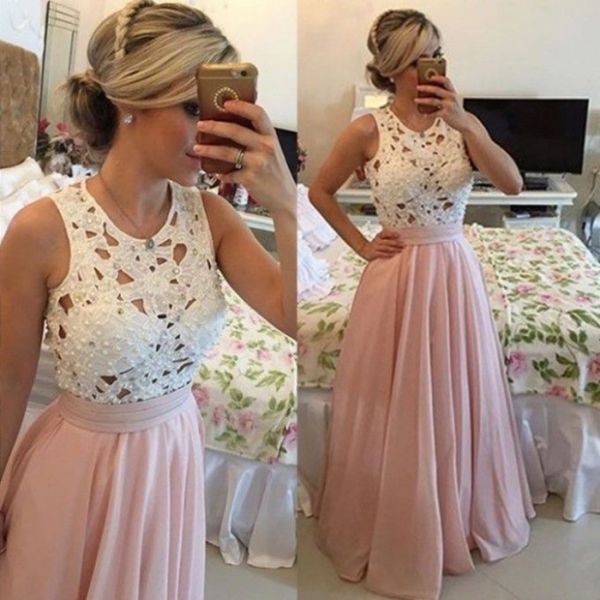 Abiti da ballo bianchi e rosa 2017 Perle estive con perline Top in pizzo senza maniche Abiti da sera in chiffon Lunghezza pavimento Abiti da festa formali