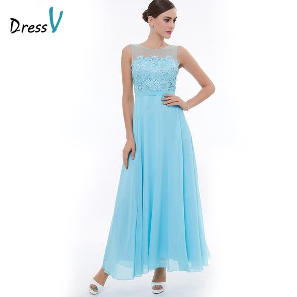 

2019 Newest Blue A-line Chiffon Evening Dress Scoop Neck Ankle Length Lace Long Evening Dress Open Back Formal party Prom Dress Custom Made