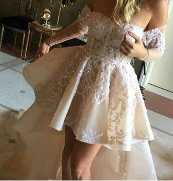 

chic long sleeve high low prom dresses off shoulder a line applique lace beaded evening dress formal party evening gowns, Black