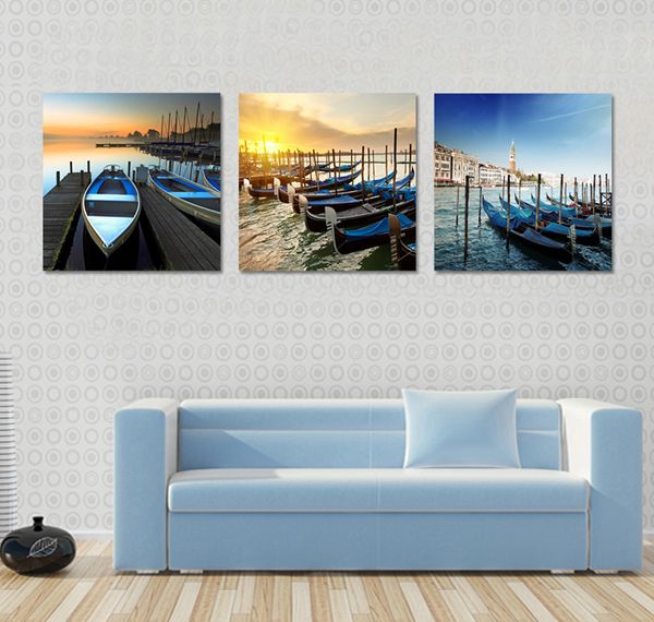 Acheter Livraison Gratuite 3 Pièces Sans Cadre Décoration Art Photo Canvas Impressions Canoë Bateau Bateau Abstraite Dessin Animé Fleur Rose Lotus