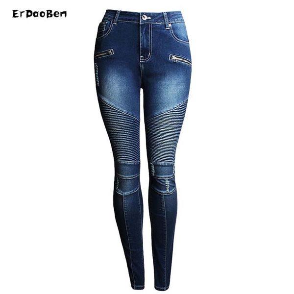 

wholesale- erdaoben europe women's motorcycle biker zip mid high waist stretch skinny pants motor jeans for women j17301, Blue