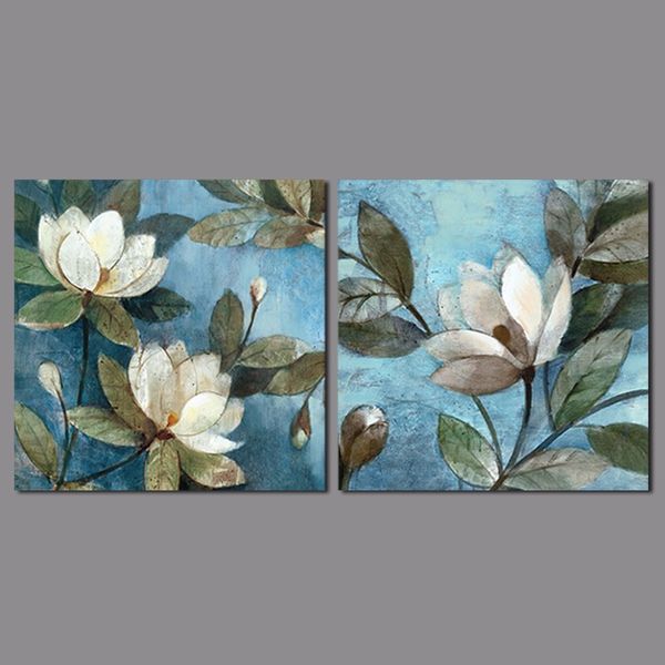 

2pcs/set flower picture decoration blue canvas painting white flowers green leaves pattern wall art living room print unframed