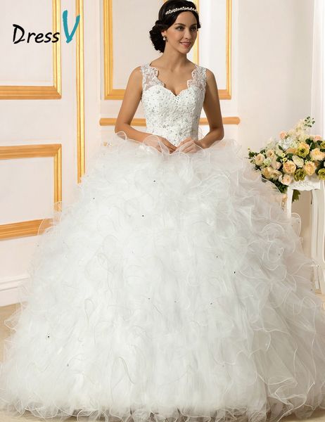 

2019 Luxury Ruffles Ball Gown Wedding Dresses for Bride Floor Length V Neck Beaded Bride Gown Vestido De Noiva Sereia free shipping