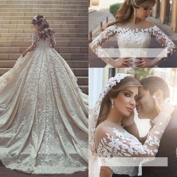 

arabic long sleeves ball gown wedding dresses lace appliques sheer jewel neckline vestidos de novia custom made court train bridal gowns, White