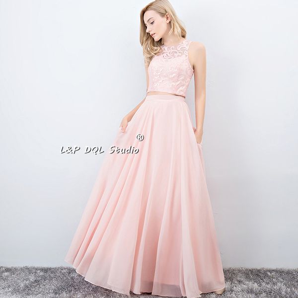 Partido vestidos de chiffon País dama de honra Vestidos Two Pieces Longo Floral Lace casamento Top com bolsos Prom Marinha das Trevas Vestidos, Rosa, Blush