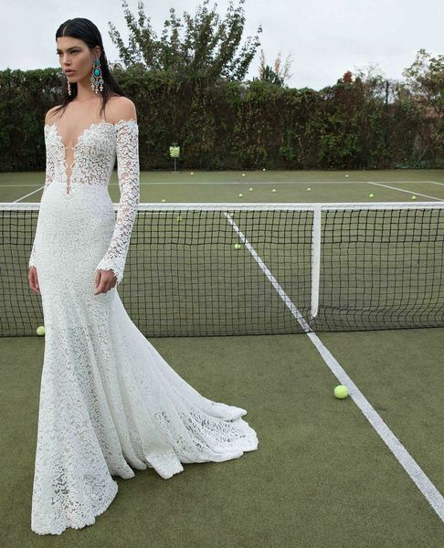 

2019 Sexy Deep -V-neck Mermaid Wedding Dress Lace Dress for Wedding Bridal Dress Long Sleeves Custom Made Vestidos de noiva