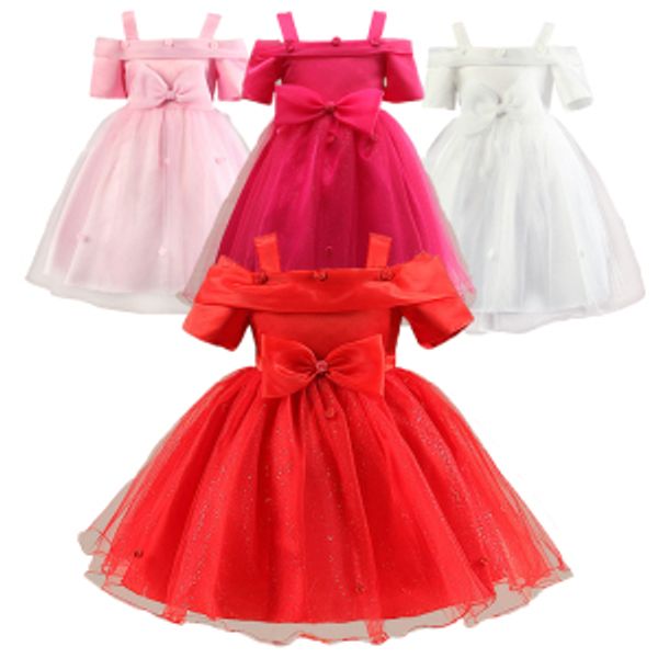 

prettybaby 2016 new arrival 4colors kids girls short sleeves reveal the shoulders bow accessories tutu dress 200pcs/lot ing, Red;yellow