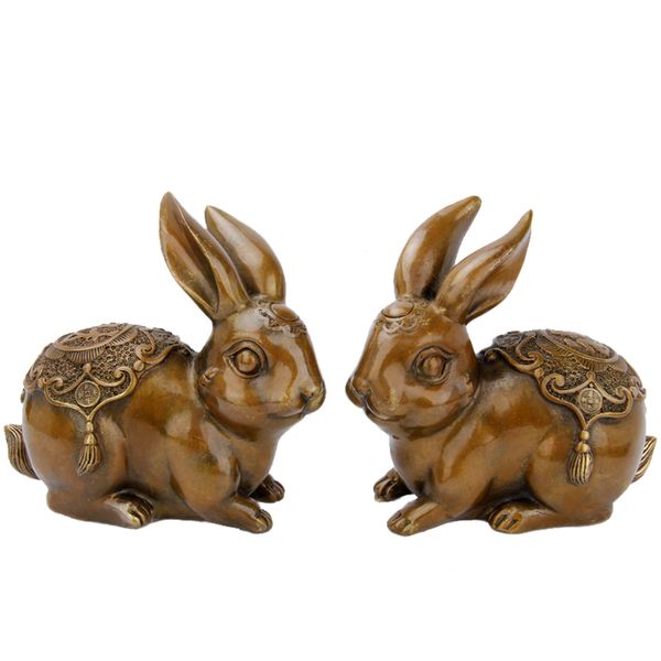 Chinese Folk Fengshui Copper Wealth auspicious Zodiac Year Pair Rabbit Statue