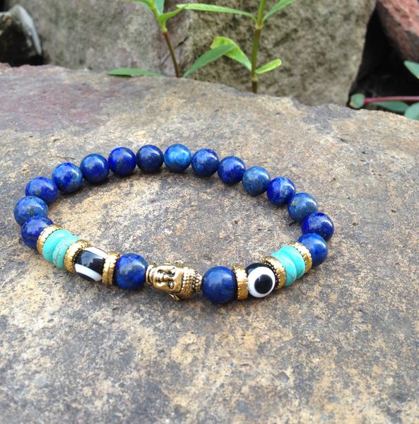 SN0404 Affascinante lapislazzuli bracciale buddha in oro mala yoga eye uomo bracciali d'oro mix pietra buddista gioielli regalo compleanno