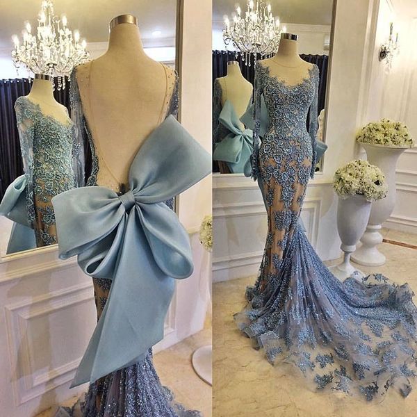 

2021 mermaid backless sheer long sleeve evening dresses zuhair murad lace applique full beading tulle party prom dresses, Black;red