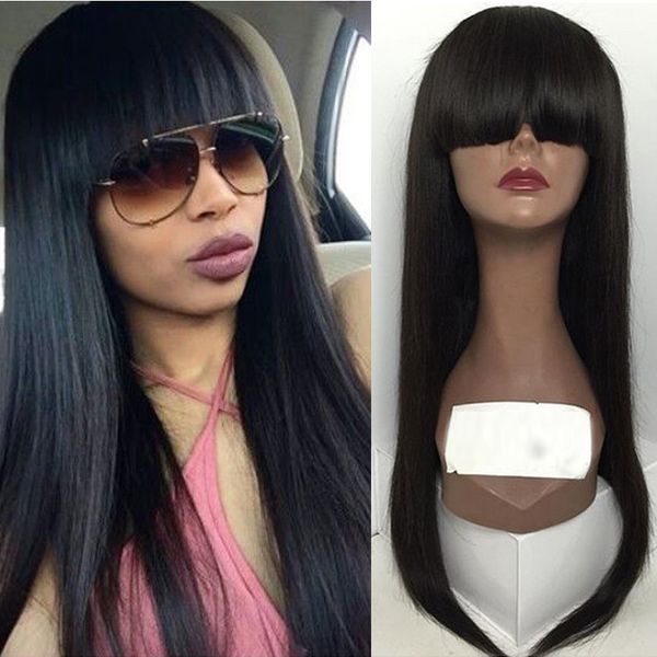 

8-24 inch black 100% virgin peruvian full lace human hair wigs with bangs/glueless lace front wig 130 density, Black;brown