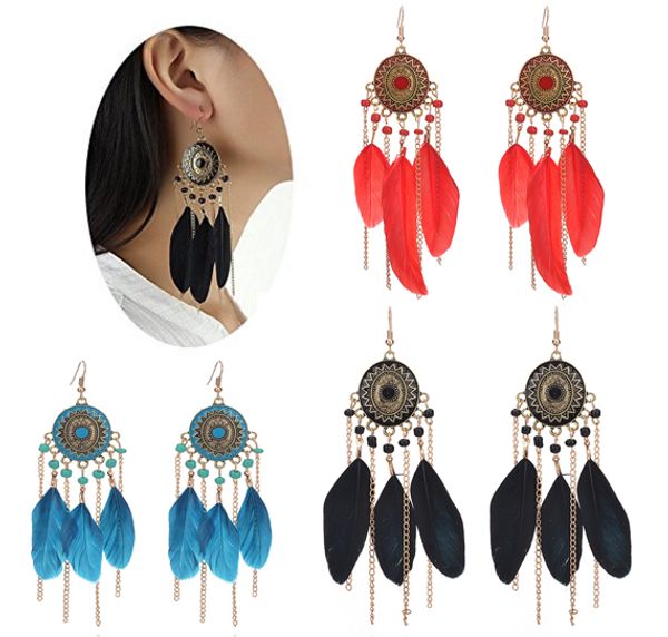 

fashion feather drop dangle earrings tassel vintage retro bohemian earrings elegant jewelry for women girls 3 color b671l, Silver