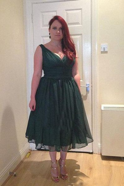 Tea Length Emerald Green Short Prom Cocktail Dresses Ruched