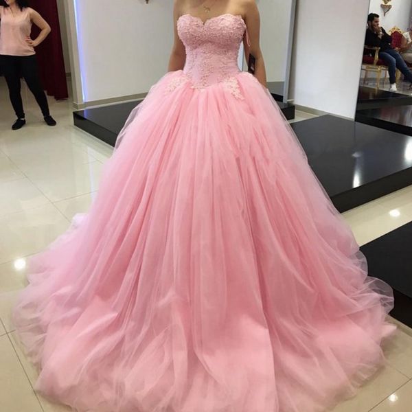 Великолепное розовое бальное платье выпускного вечера с кружевными аппликациями Топ милая без рукавов пышные тюли вечерние платья Quinceanera вечернее платье