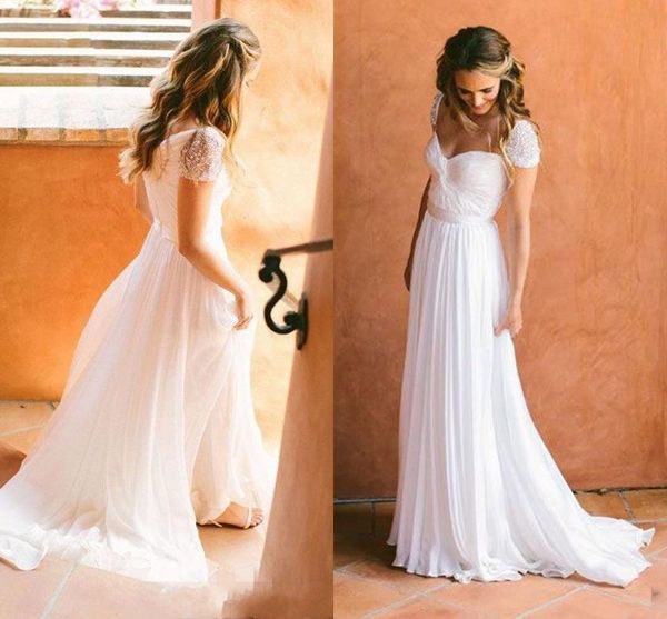 Venda quente Branco Ruched Wedding Dress Cap Manga Querida Praia Vestido De Noiva Pérolas Boho Gardern Uma Linha De trem Chiffon Vestido De Noiva Uk